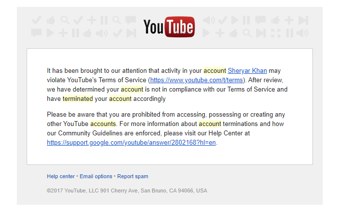 Youtube Termination Email